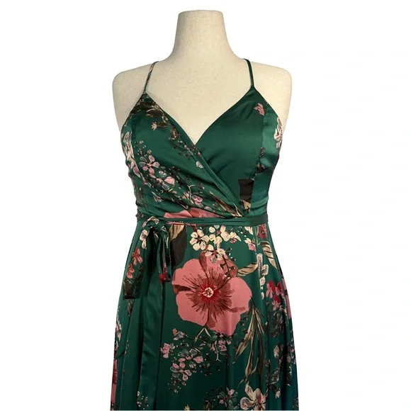 Lulus Still the One Emerald Green Floral Print Satin Maxi Dress | Size Large - Picture 3 of 8